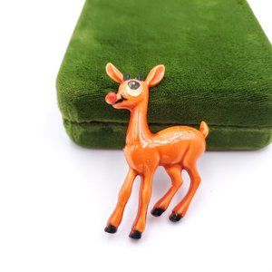 VTG Lenticular Winking Eye Rudolph Reindeer Brooch Early Plastic Celluloid Pin